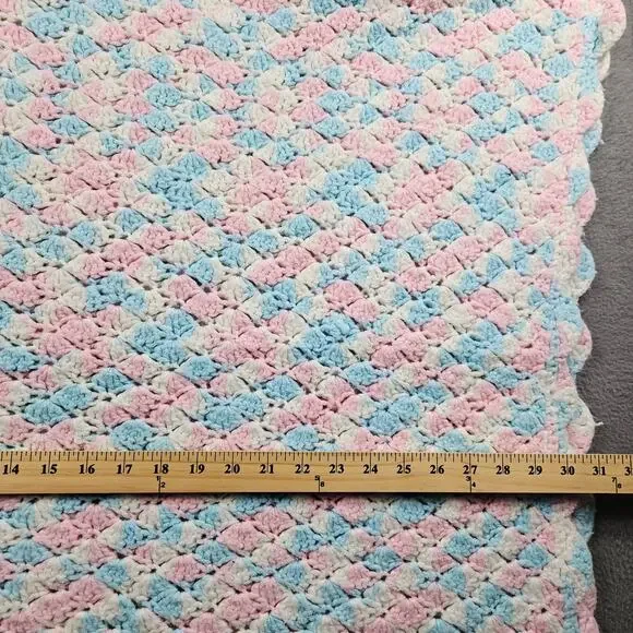 Hand Knit Crochet Blanket Baby Blue Pink White Afghan Throw 31" x 52" - Picture 3 of 6